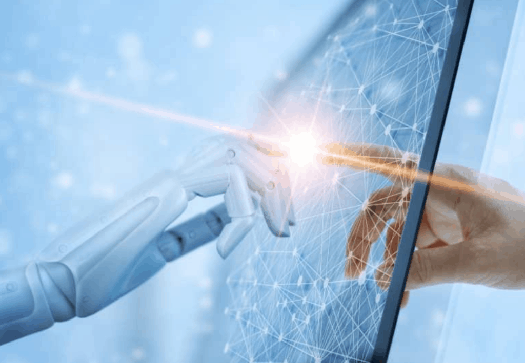 Mains de robot d'intelligence artificielle et d'humain sur un écran Collaboration Humain IA