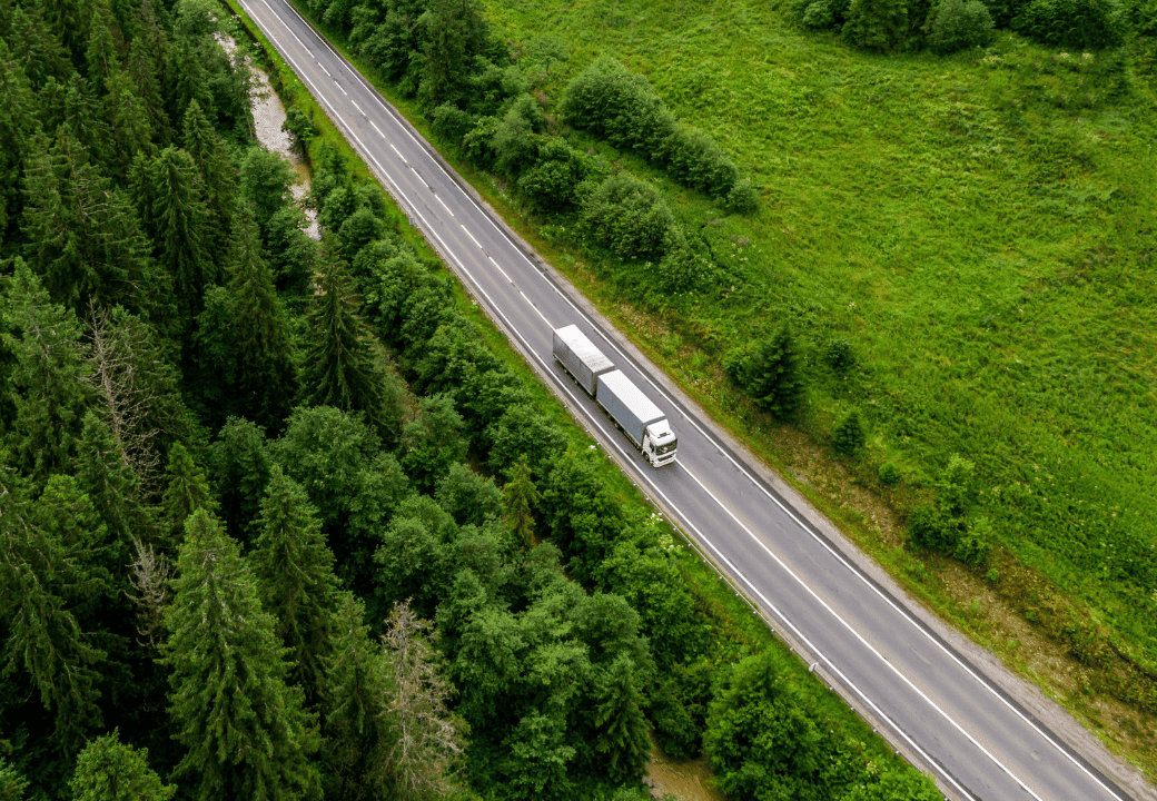 Truck on the road surrounded by trees