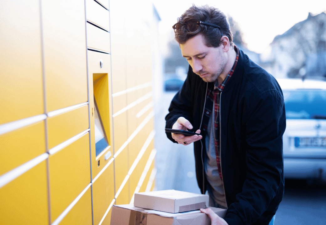 Man scanning his parcel in front of a locker